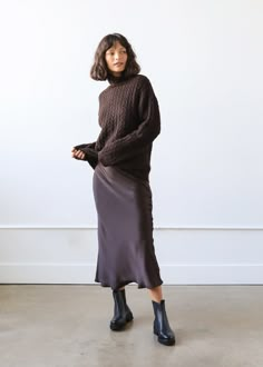 Sophia Skirt in Brown Silk - ESTELLA Bias Midi Skirt Outfits, Silky Skirt Outfit Fall, Silk Brown Skirt Outfit, Sweater With Silk Skirt, Brown Satin Midi Skirt Outfit, Everyday Elegant Outfits, Silk Midi Skirt Outfit Winter, Brown Silk Skirt Outfit, Croatia Clothes