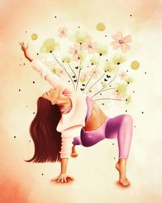 a painting of a woman doing yoga with flowers in her hair and hands behind her head