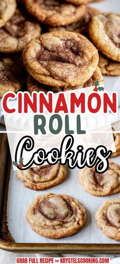 cinnamon roll cookies on a baking sheet with text overlay