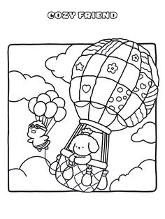 a coloring page with an image of a hot air balloon in the sky and two children flying