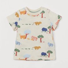 New T-Shirt Cotton T-shirt For Summer Playtime, Summer Cotton T-shirt For Playtime, Playful Cotton T-shirt For Playtime, Beige Short Sleeve Tops For Playtime, Cute Cotton H&m Tops, Cute H&m Crew Neck Top, Summer Graphic Print T-shirt For Playtime, Cute Cream Crew Neck Top, White Cotton T-shirt For Playtime