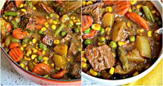 two pictures showing different types of food in a pot, one with meat and the other with veggies