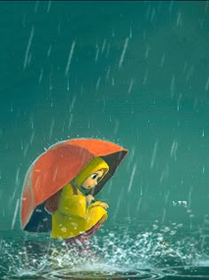 a cartoon character holding an umbrella in the rain while standing in the middle of water