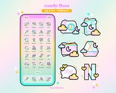 the candy floss icon set is displayed on an iphone screen, and it's colorful