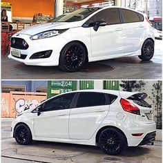 two pictures of a white car with black rims