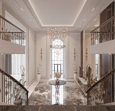 an elegant living room with chandelier and marble floors