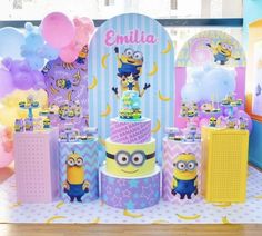 a birthday party with minion decorations and balloons