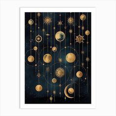 an art print with planets and stars hanging from it's sides, against a dark blue background