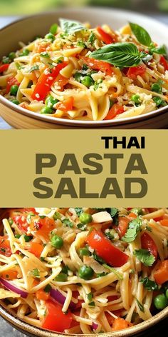 two bowls filled with pasta and vegetables on top of each other, the title reads thai pasta salad