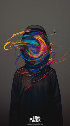 a person wearing a black hoodie with multicolored lines coming out of it