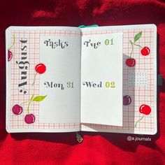 an open book with cherries on it