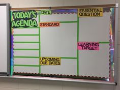 a bulletin board with notes and stickers on it in a school classroom setting that says today's agenda, standard, learning due dates