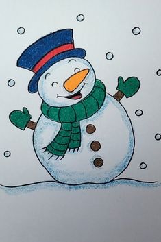 a drawing of a snowman wearing a hat and scarf