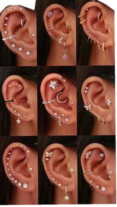 many different types of ear piercings are shown in this collage, including an ear with