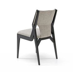 an upholstered chair with black legs and grey fabric seat padding, viewed from the front