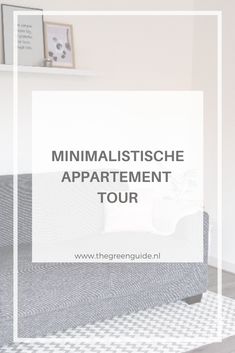 a couch with the words minimalistiche appartement tour in white over it