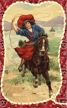 a painting of a woman riding on the back of a horse with a lasso