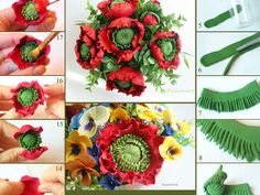 instructions to make an origami flower bouquet with green leaves and red flowers on it