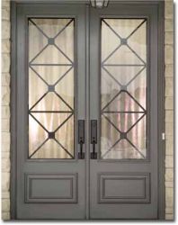 two double doors with glass on each side and the other side is open to reveal an entry door