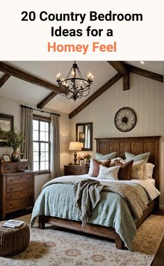 a bed room with a neatly made bed and a chandelier hanging from the ceiling