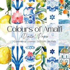 watercolor flowers and plants are featured in the colors of amalfi digital paper