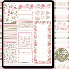 the pink roses planner stickers are shown in front of a checkered background with flowers and arrows