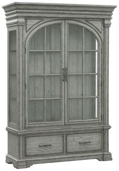 an old style bookcase with glass doors and drawers on the front, in grey wood