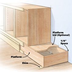 an unfinished cabinet with drawers labeled in the bottom and bottom section, showing how to install them