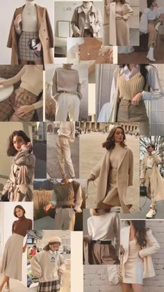 a collage of photos showing different styles of women's coats and dresses in various colors