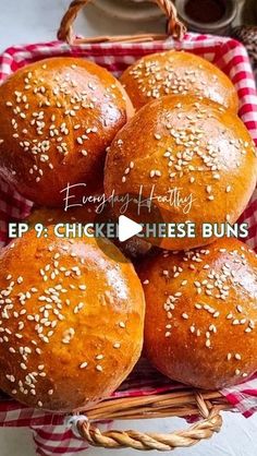 several buns in a basket with sesame seeds on top and the words happy healthy ep 9 chicken cheese buns