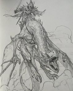 a drawing of a demon riding on top of a dragon in the air with its mouth open