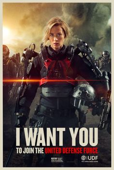 the movie poster for i want you to join the united defense force, featuring an image of a woman in armor