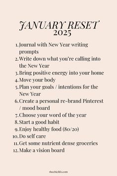 Click for a FREE guide and set of checklists to help you do a January Reset 2025 so you can have your best year yet. Use this list of 2025 New Year Reset ideas for reflection, clearing, letting go, and make space in 2024 to prep for the new year in 2025. And also use this list to plan, bring in positive energy, and set yourself up for success in 2025. Happy New Year! Save this with your self care ideas or add it to your vision board! Features a chic neutral / off white aesthetic. 2025 Resolution Ideas, New Years Goal Setting, New Year Resolution Ideas 2025, New Year Resolution Aesthetic, Things To Do Before The New Year, January Self Care Challenge, Vision Board Ideas Aesthetic 2025, 2025 Habits, 2025 Reset