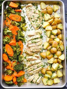 a pan filled with chicken, potatoes and carrots