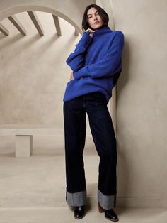 Atiena Alpaca-Blend Sweater | Banana Republic Cobalt Sweater, Blue Sweater Outfit, Casual Outfit Inspiration, Suits And Jackets, Fuzzy Sweater, Light Blue Sweater, 2023 Fashion, Nylon Fabric, Funnel Neck