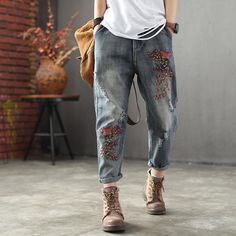 Elastic Waist Denim Trouser$37.99 Mama Jeans, Ripped Jeggings, Retro Jeans, Mode Boho, Trendy Swimwear, Crop Top Outfits, Loose Jeans, Outfits Winter, Loose Pants