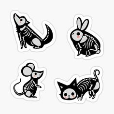 four black and white stickers with different types of animals in the shape of mice