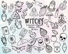 a bunch of cartoon characters that are drawn in ink on paper with the words witch library clipart