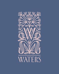 the w waters logo is shown on a dark blue background with white flowers and leaves