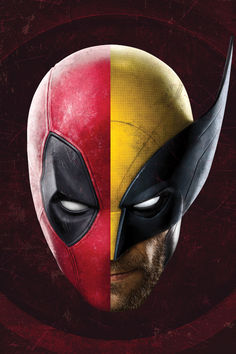 deadpool movie poster with wolverine's face painted red, yellow and black in the center