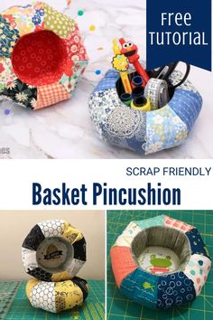 the instructions for how to make a basket pincushion are shown in three different pictures