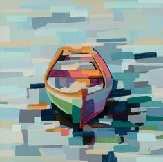 a painting of a boat floating on top of a body of water with multicolored stripes