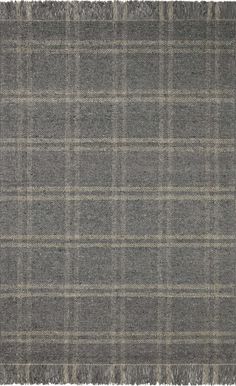 a gray and beige plaid rug with fringes on the bottom, in front of a white background