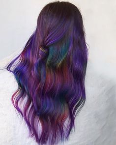 Purple Rainbow Hair, Indian Hair Highlights, Hidden Rainbow Hair, Cosmo School, Trend Hairstyles, Green Hair Dye, World Hair, Galaxy Hair, Peekaboo Hair