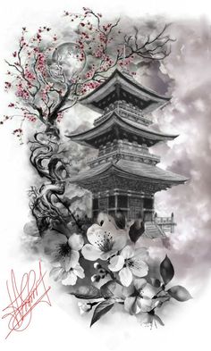 an artistic painting with flowers and a pagoda in the background, on a white wall