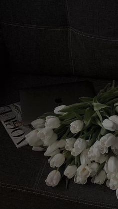 white tulips are laid out on a couch next to an open laptop computer