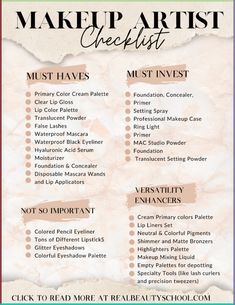 Makeup Studio Essentials, Basic Makeup Essentials List, Makeup Artist Policies, Cosmetology School Makeup, Makeup Artist Needs, Self Makeup Course, Content Ideas For Makeup Artist, Makeup Artist Content Ideas, Makeup Artist Uniform