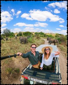 a man and woman riding in the back of a pick up truck with elephants behind them