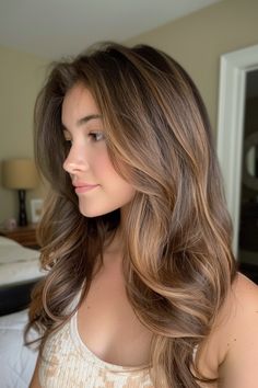 Woman with long, wavy brown hair standing in a bedroom, looking to the left. Highlights Ideas For Brunettes, Full Highlights On Brown Hair, Blended Money Piece, Light Brunette Hair With Highlights, Brunette Hair With Caramel Highlights, Cool Brunette Balayage, Balayage On Light Brown Hair, Warm Hair Color Ideas, Soft Brunette Balayage