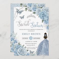 a baby shower is shown with blue roses and butterflies on it's card, which reads sweet sixteen